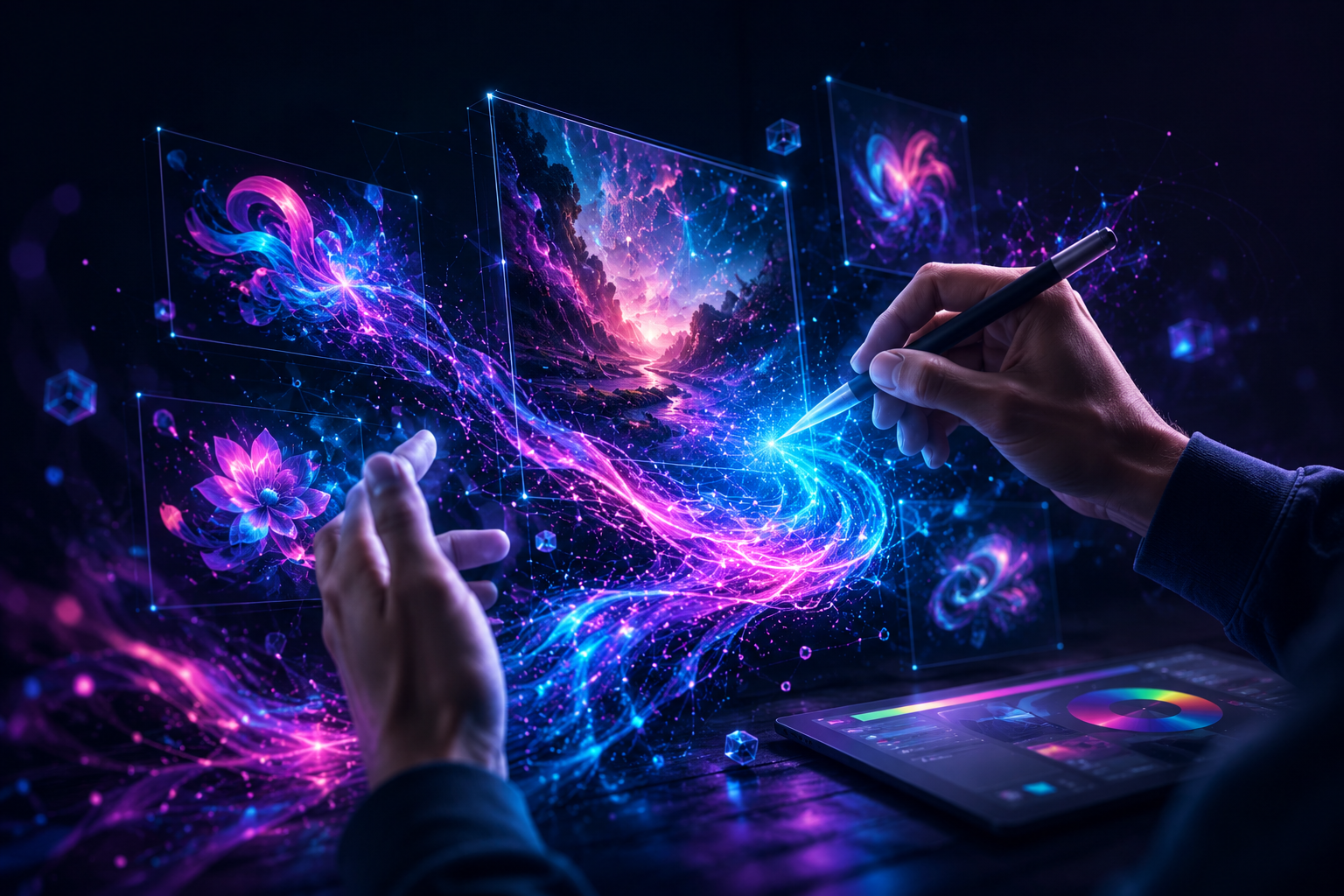 Premium AI image generation studio showing holographic creative elements with cyan and purple lighting representing AI-powered visual creation