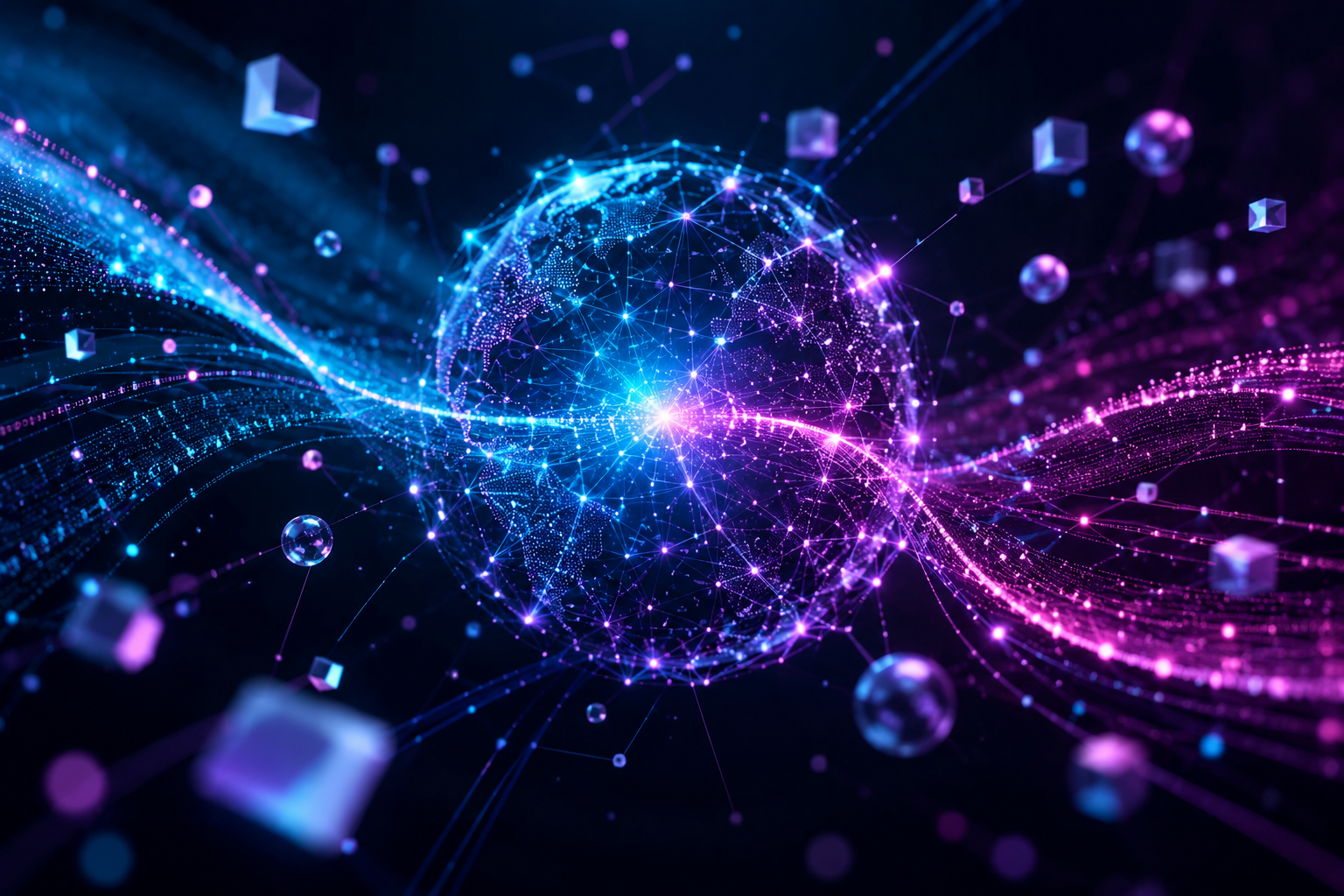 AI visibility studio abstract visualization with cyan and purple digital particles representing search optimization and AI connectivity